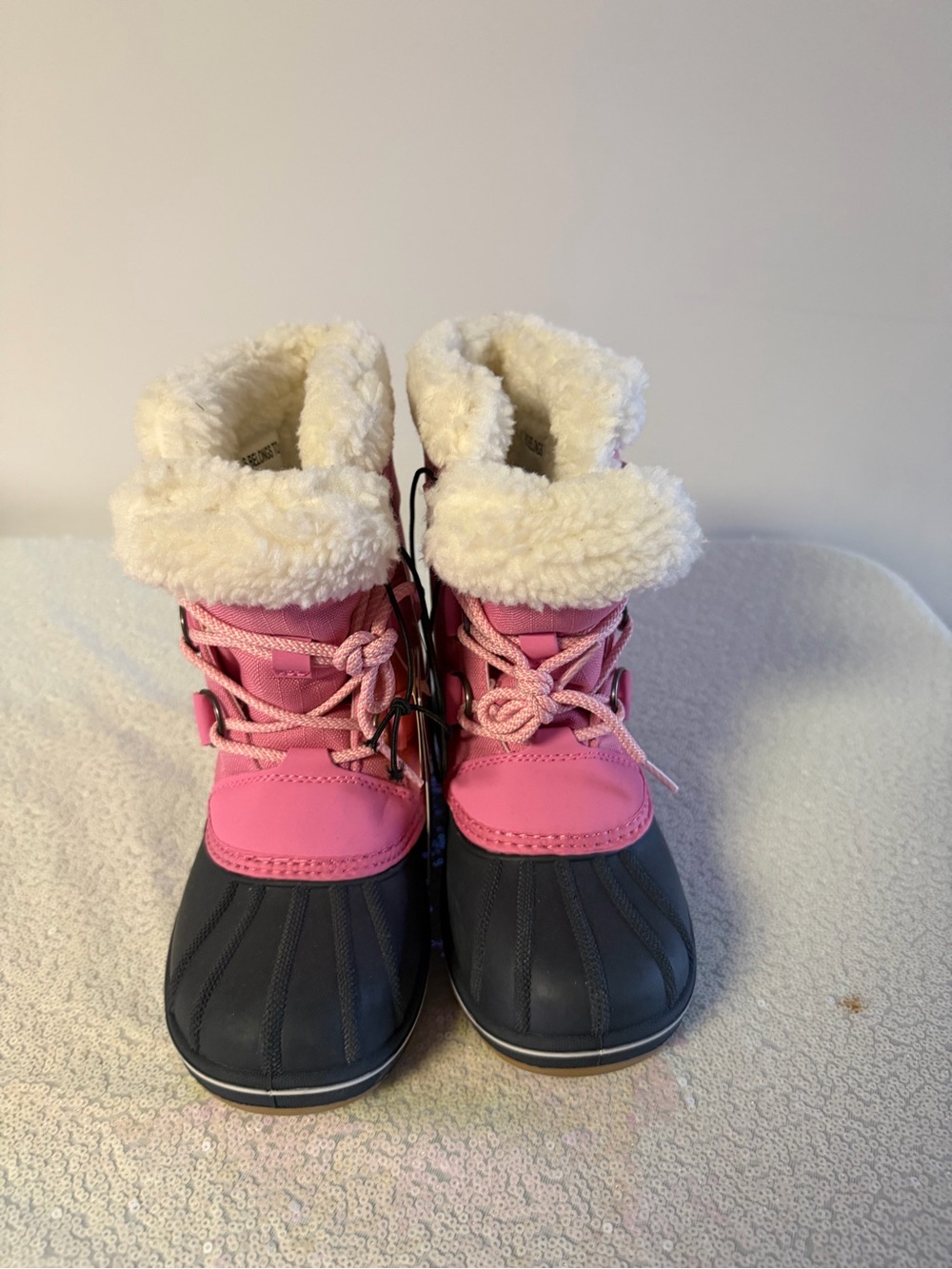 Cat & Jack Pink and Black Kids Snow Boots with Cream Faux Fur
